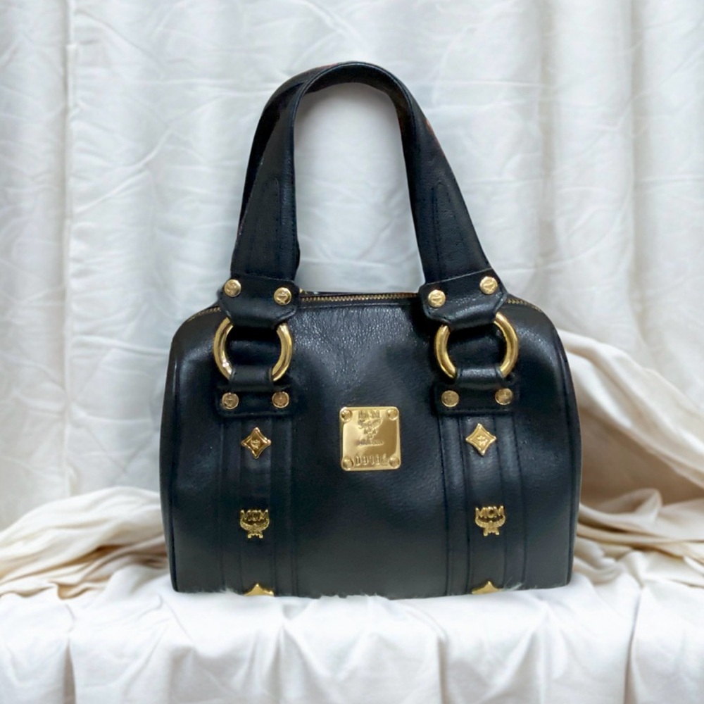 Authentic MCM Black and Gold Satchel with Structured Design